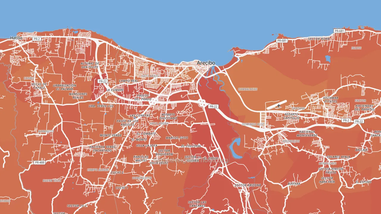 Map of the best neighborhoods in the Arecibo area, with better matches in green and worse matches in red