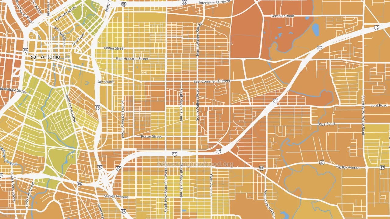 Map of the best neighborhoods in the Arena District, San Antonio area, with better matches in green and worse matches in red