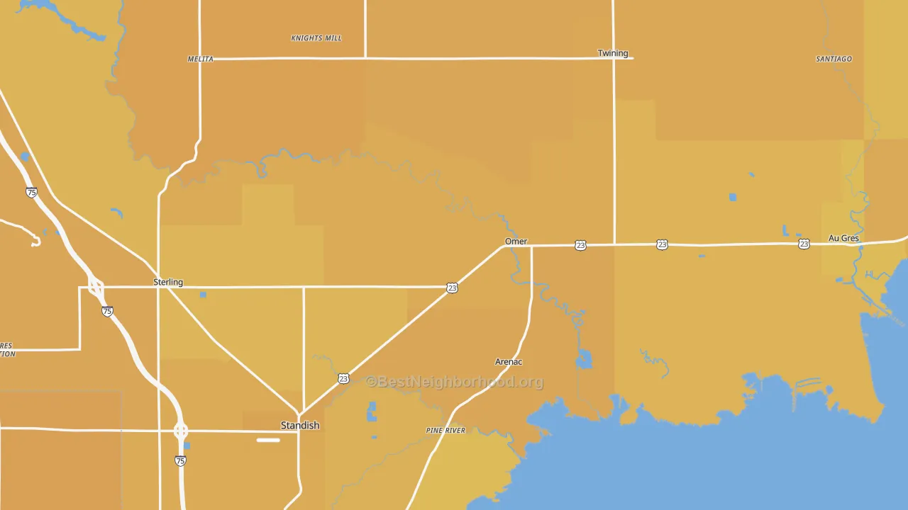 Map of the best neighborhoods in the Arenac County area, with better matches in green and worse matches in red