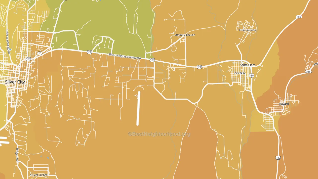 Map of the best neighborhoods in the Arenas Valley area, with better matches in green and worse matches in red