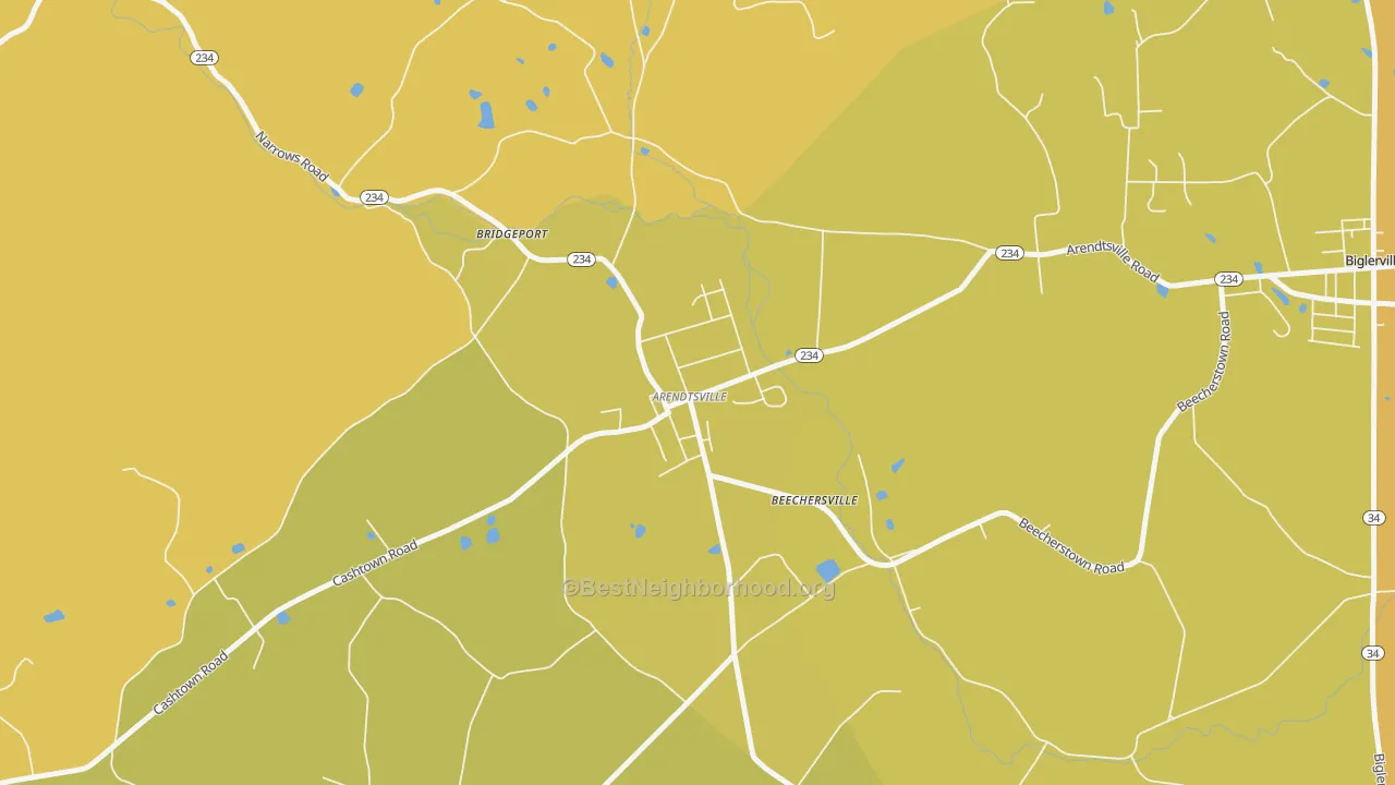 Map of the best neighborhoods in the Arendtsville area, with better matches in green and worse matches in red