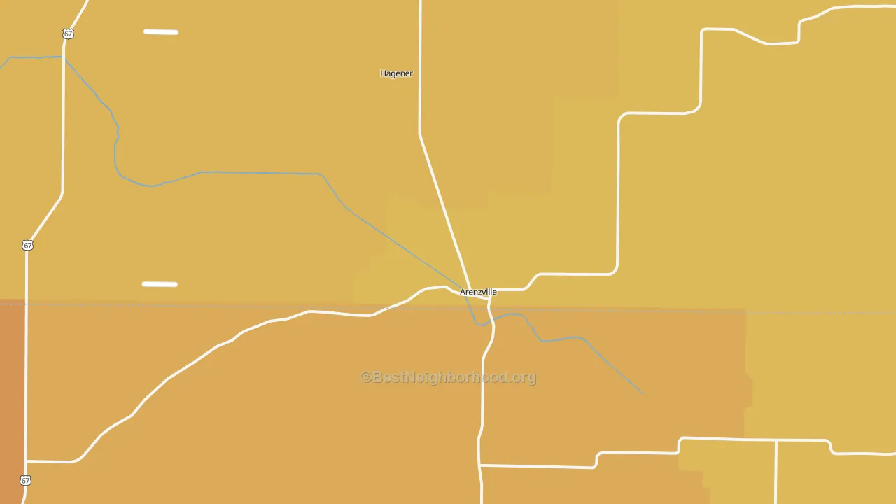 Map of the best neighborhoods in the Arenzville area, with better matches in green and worse matches in red