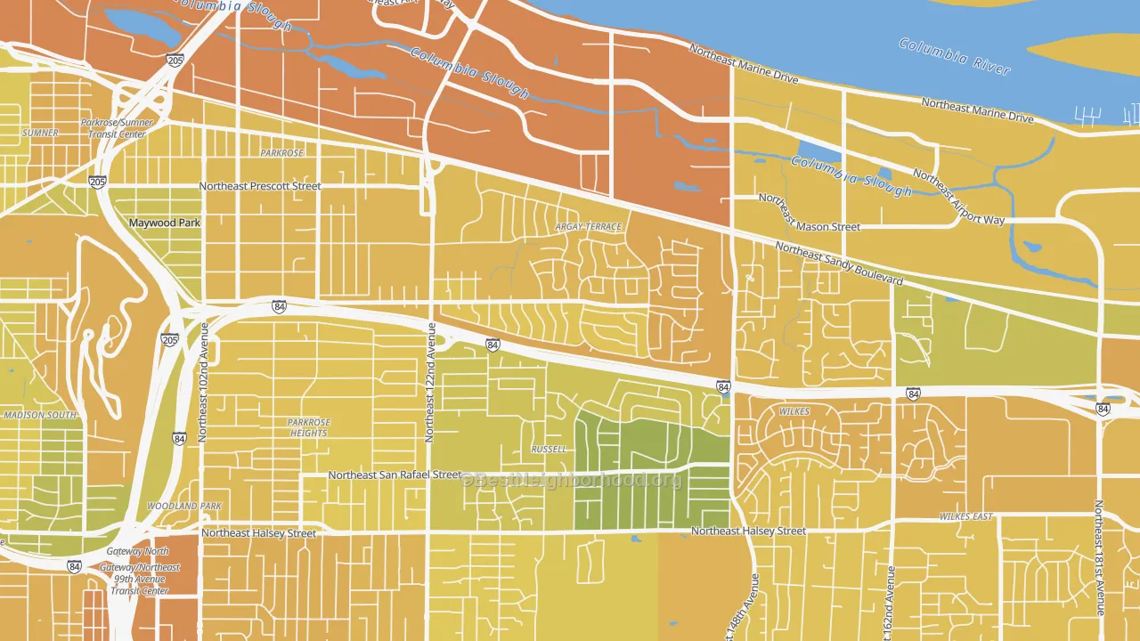 Map of the best neighborhoods in the Argay, Portland area, with better matches in green and worse matches in red