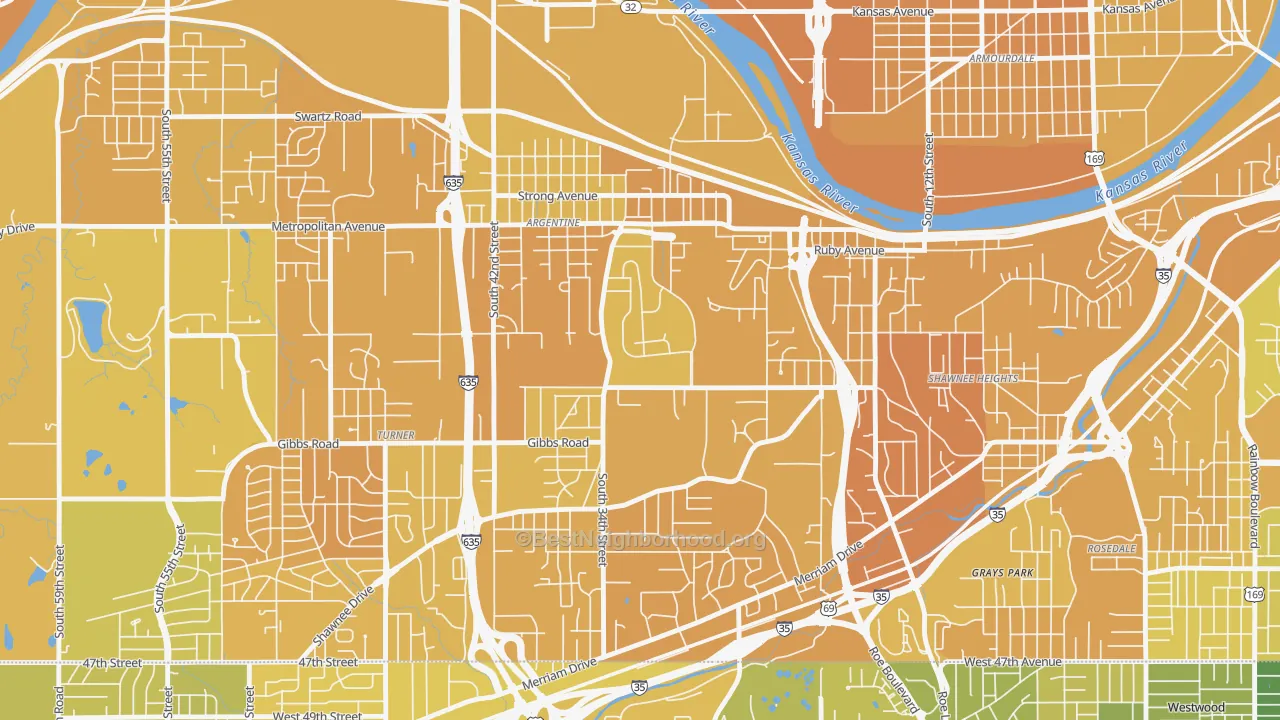 Map of the best neighborhoods in the Argentine, Kansas City area, with better matches in green and worse matches in red