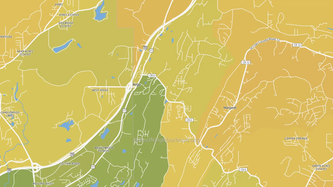 Map of the best neighborhoods in the Argo area, with better matches in green and worse matches in red