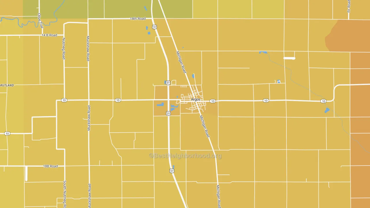 Map of the best neighborhoods in the Argos area, with better matches in green and worse matches in red