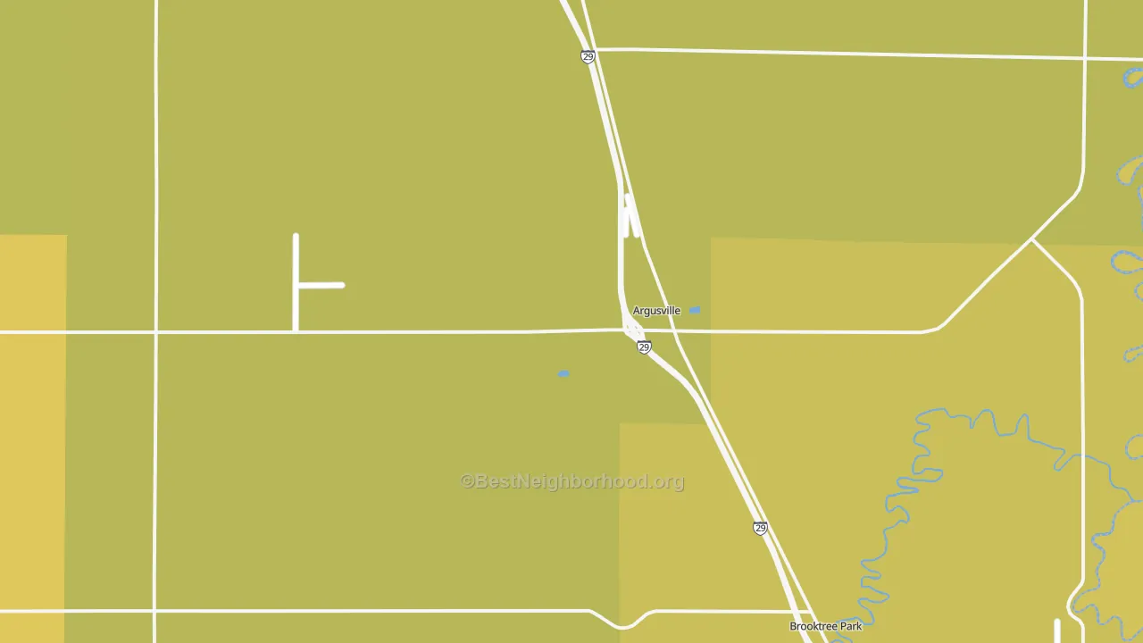 Map of the best neighborhoods in the Argusville area, with better matches in green and worse matches in red