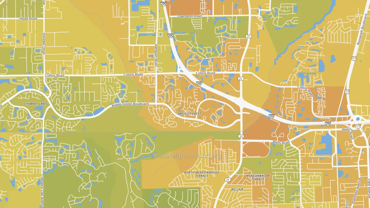 Map of the best neighborhoods in the Argyle Forest, Jacksonville area, with better matches in green and worse matches in red