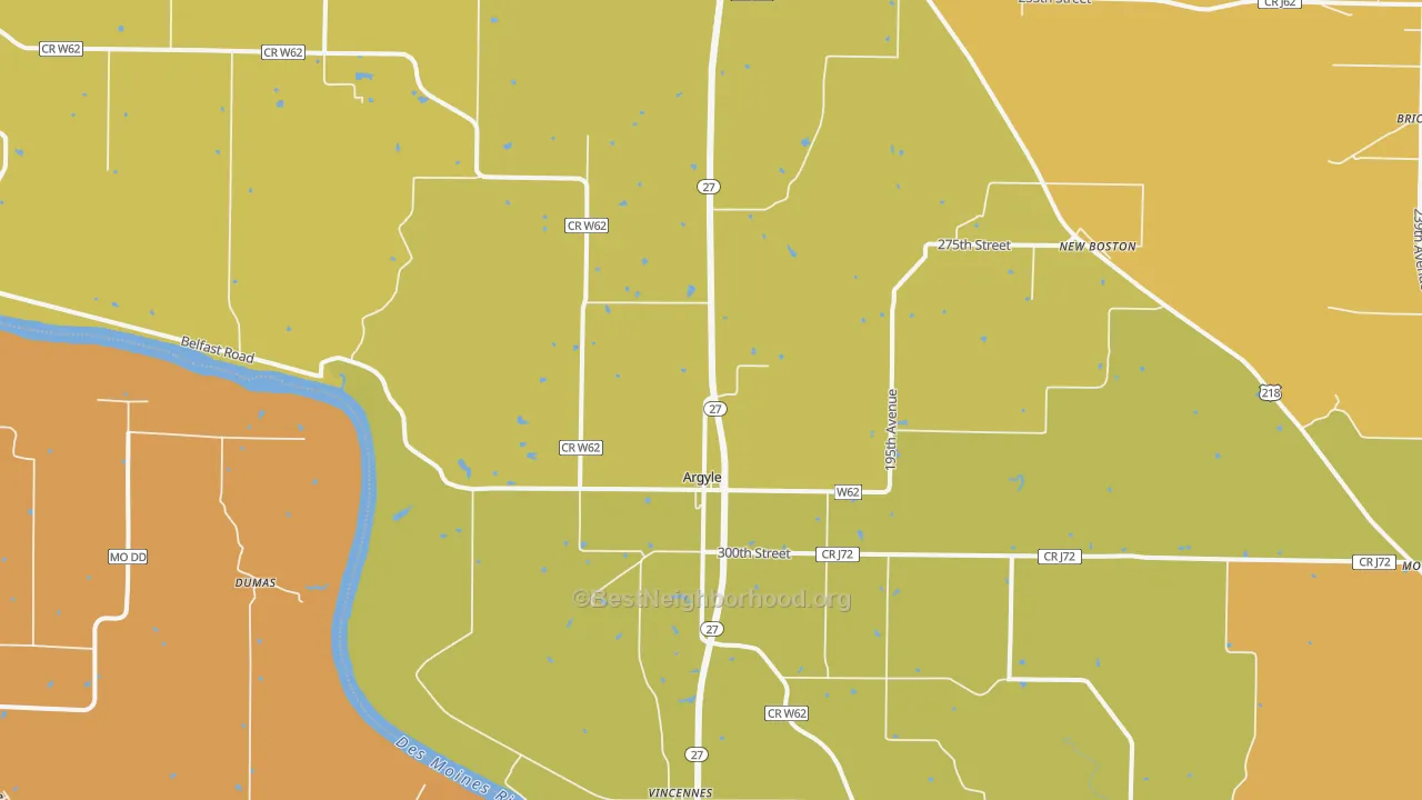Map of the best neighborhoods in the Argyle area, with better matches in green and worse matches in red