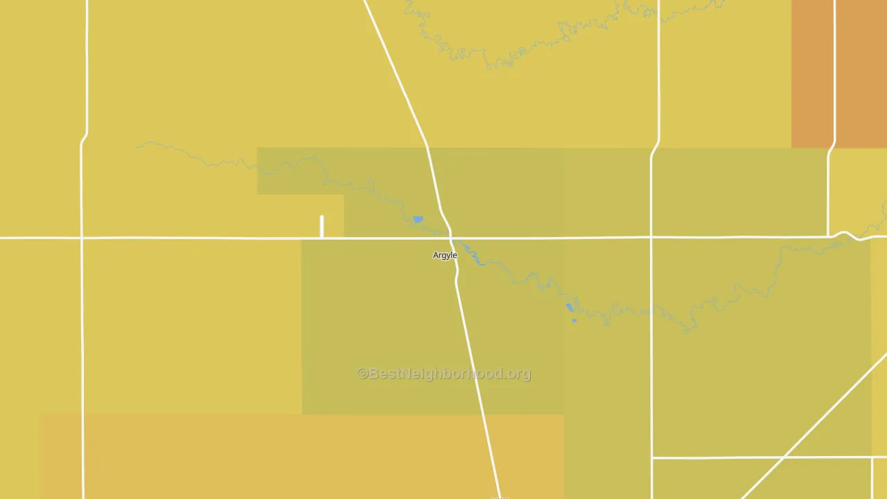 Map of the best neighborhoods in the Argyle area, with better matches in green and worse matches in red