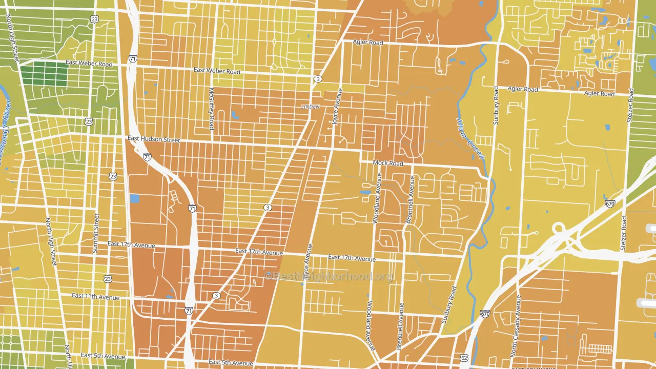 Map of the best neighborhoods in the Argyle Park, Columbus area, with better matches in green and worse matches in red