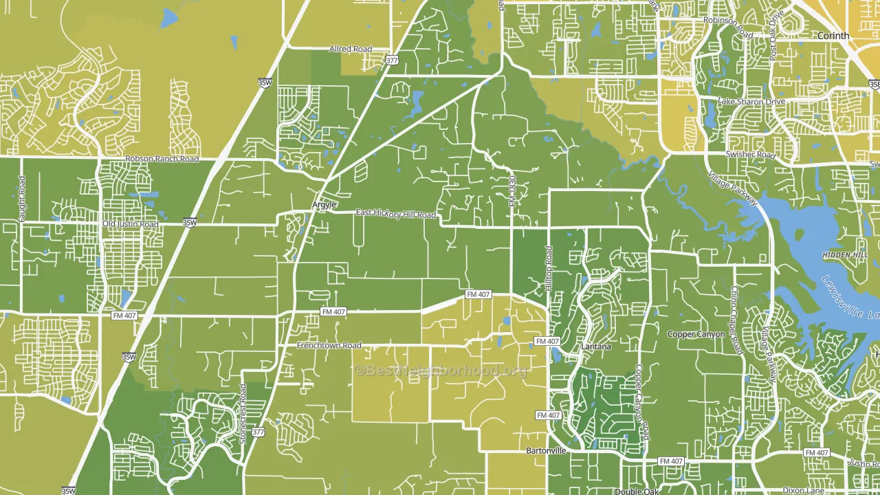 Map of the best neighborhoods in the Argyle area, with better matches in green and worse matches in red