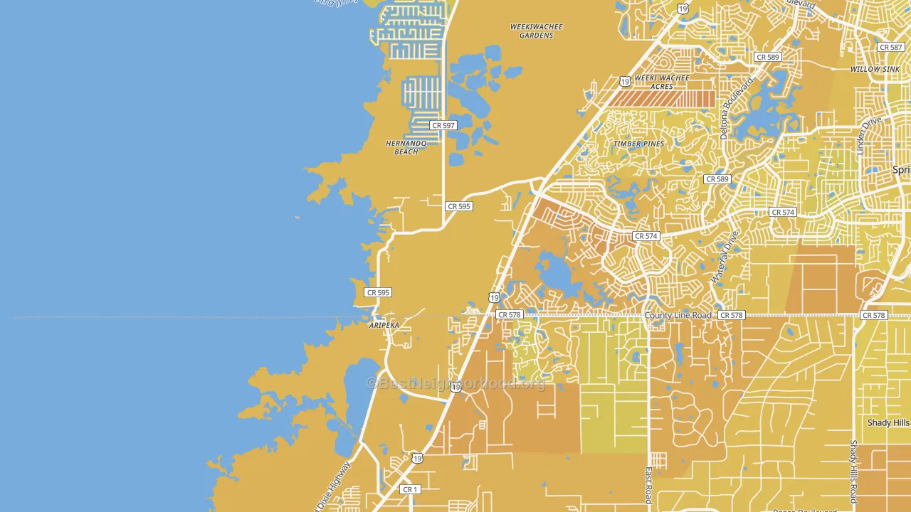 Map of the best neighborhoods in the Aripeka area, with better matches in green and worse matches in red