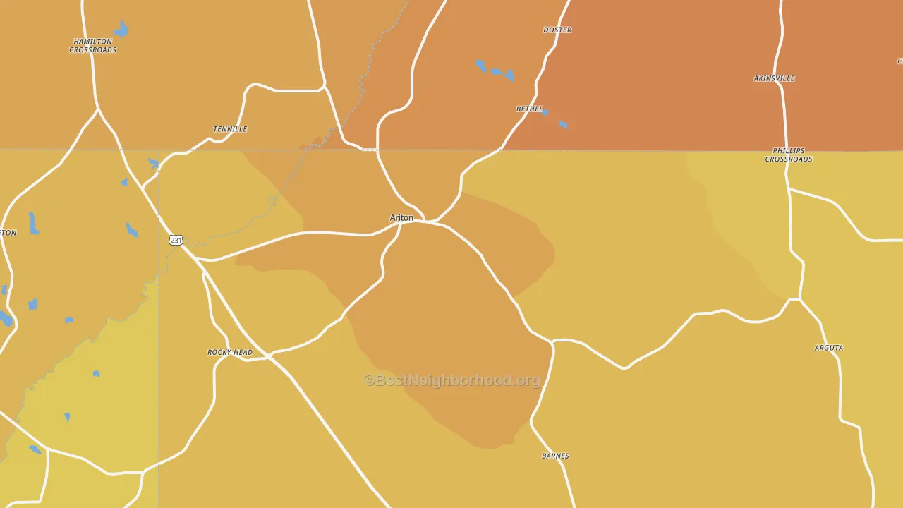 Map of the best neighborhoods in the Ariton area, with better matches in green and worse matches in red