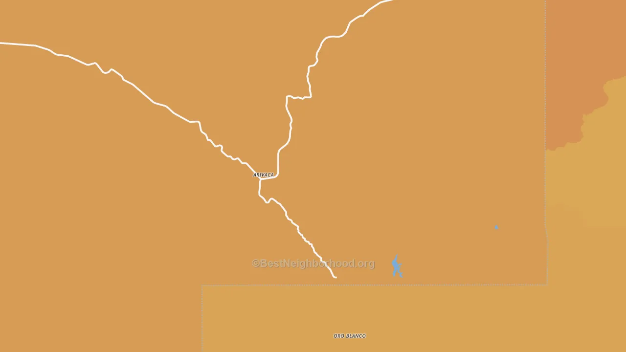 Map of the best neighborhoods in the Arivaca area, with better matches in green and worse matches in red
