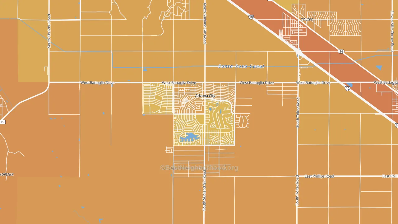 Map of the best neighborhoods in the Arizona City area, with better matches in green and worse matches in red