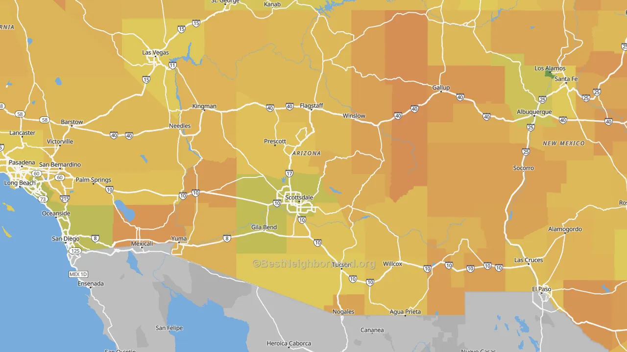 Map of the best neighborhoods in the Arizona area, with better matches in green and worse matches in red