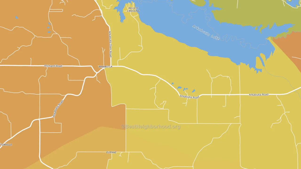 Map of the best neighborhoods in the Arkabutla area, with better matches in green and worse matches in red