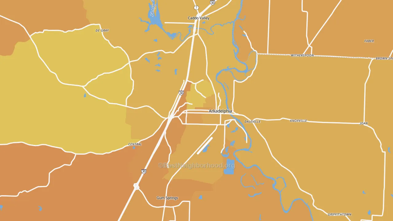 Map of the best neighborhoods in the Arkadelphia area, with better matches in green and worse matches in red