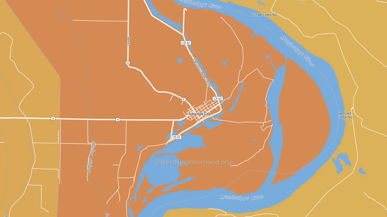 Map of the best neighborhoods in the Arkansas City area, with better matches in green and worse matches in red
