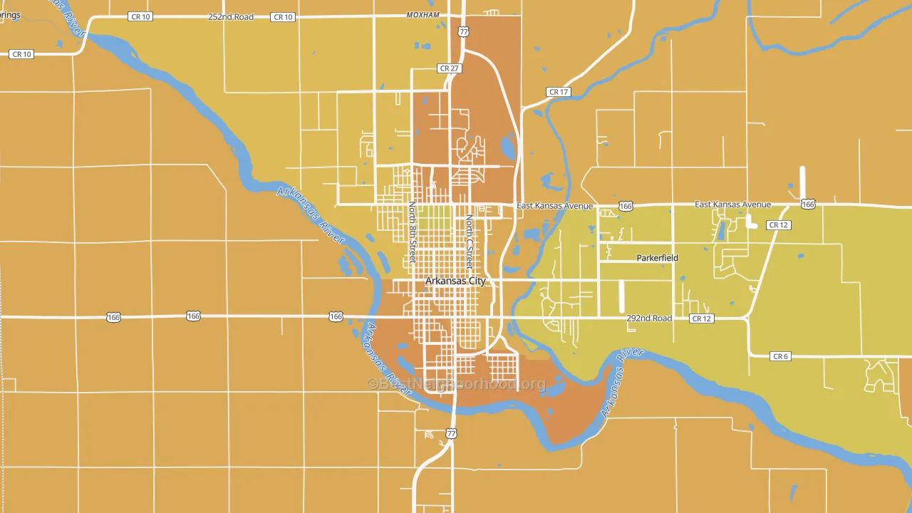 Map of the best neighborhoods in the Arkansas City area, with better matches in green and worse matches in red