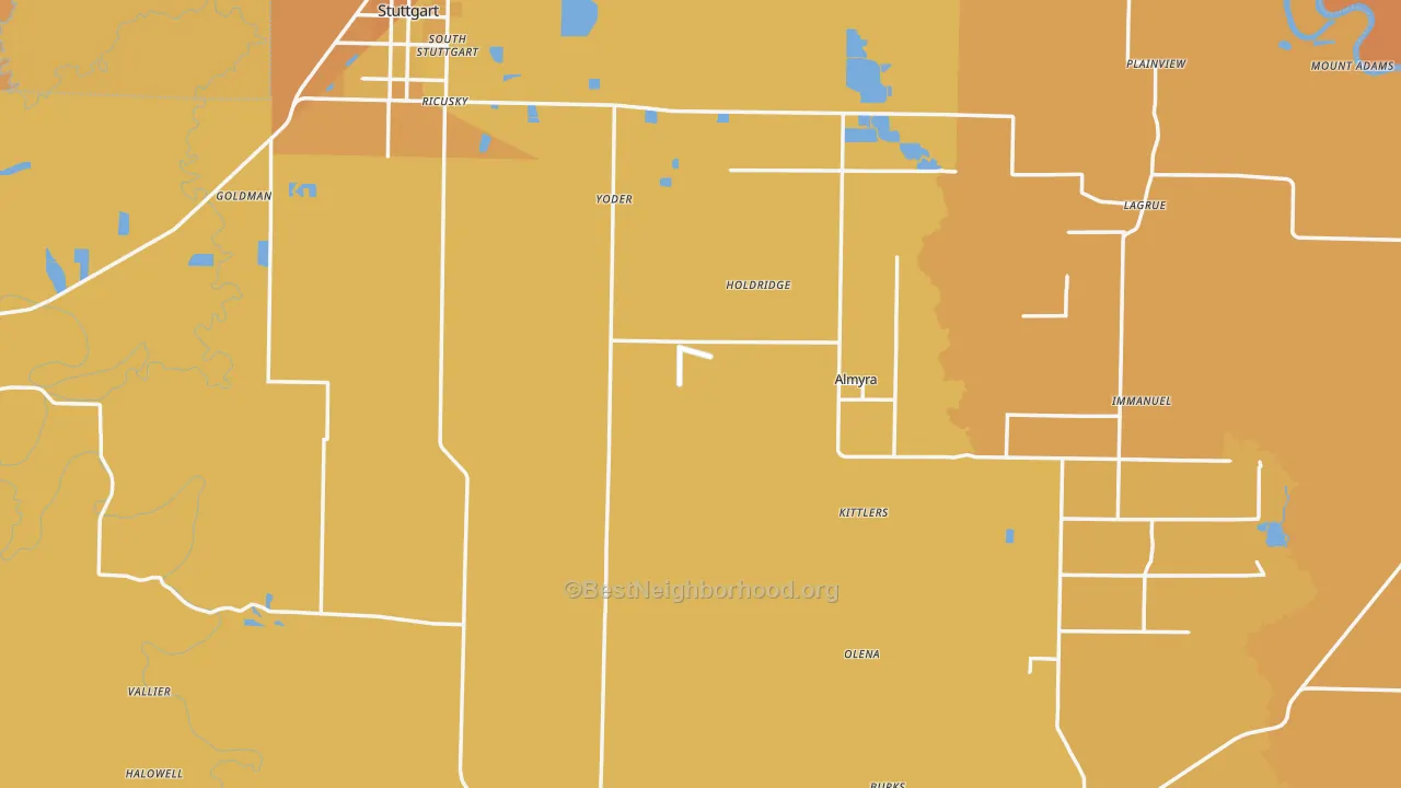 Map of the best neighborhoods in the Arkansas County area, with better matches in green and worse matches in red