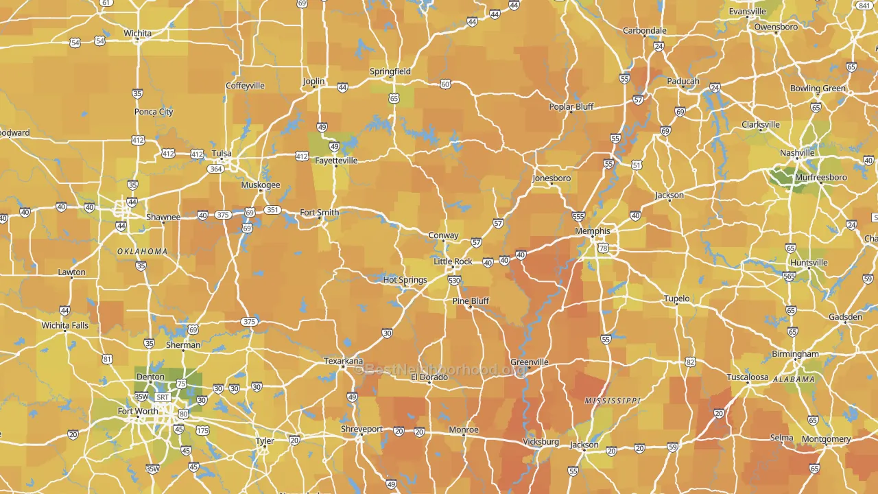 Map of the best neighborhoods in the Arkansas area, with better matches in green and worse matches in red