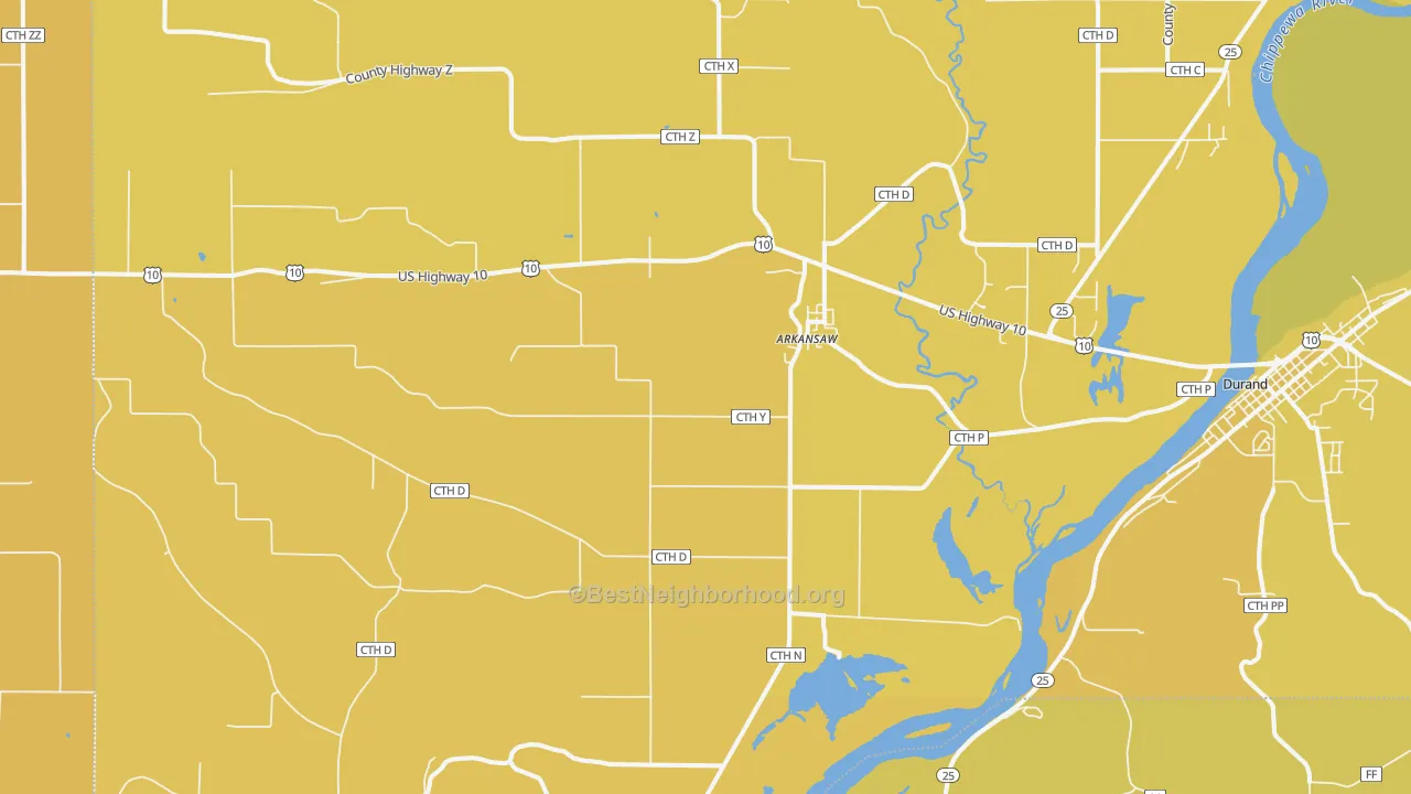 Map of the best neighborhoods in the Arkansaw area, with better matches in green and worse matches in red