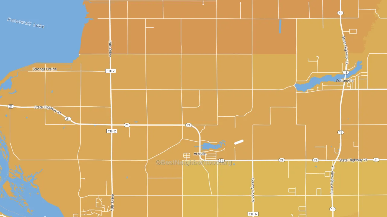 Map of the best neighborhoods in the Arkdale area, with better matches in green and worse matches in red