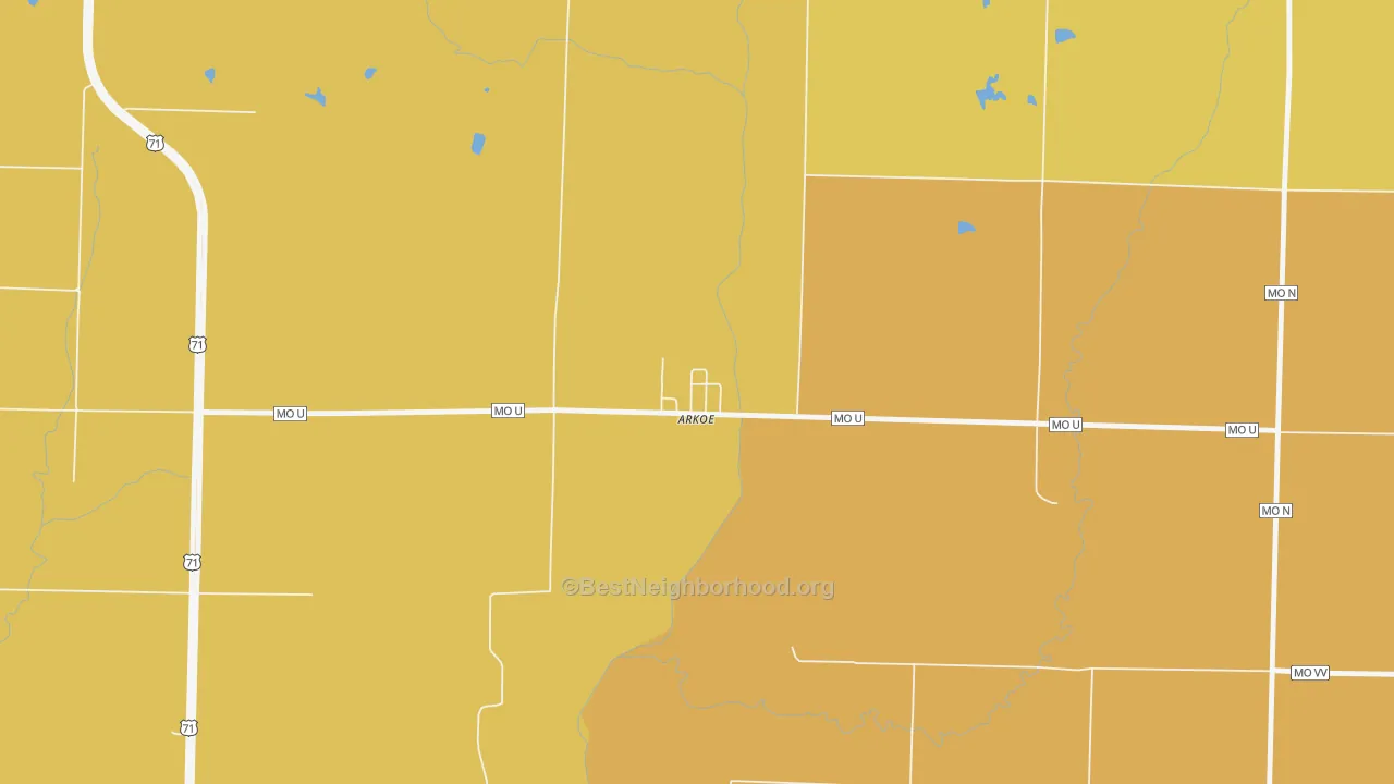 Map of the best neighborhoods in the Arkoe area, with better matches in green and worse matches in red