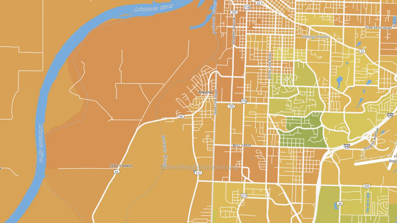 Map of the best neighborhoods in the Arkoma area, with better matches in green and worse matches in red