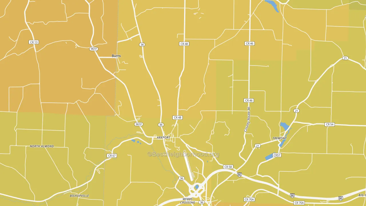 Map of the best neighborhoods in the Arkport area, with better matches in green and worse matches in red