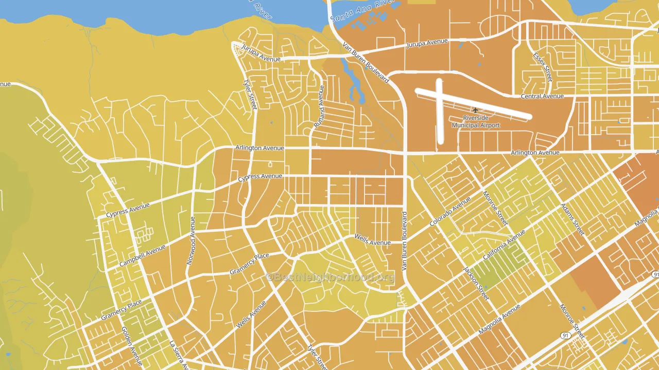 Map of the best neighborhoods in the Arlanza, Riverside area, with better matches in green and worse matches in red