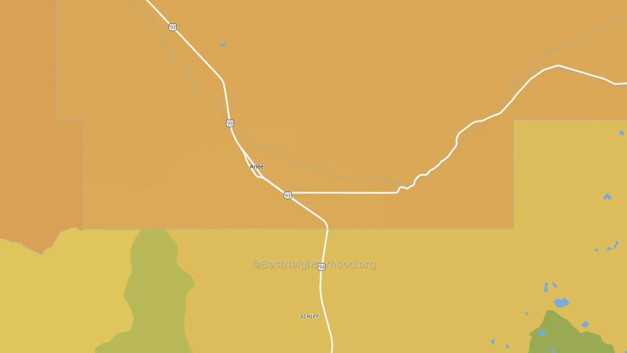 Map of the best neighborhoods in the Arlee area, with better matches in green and worse matches in red