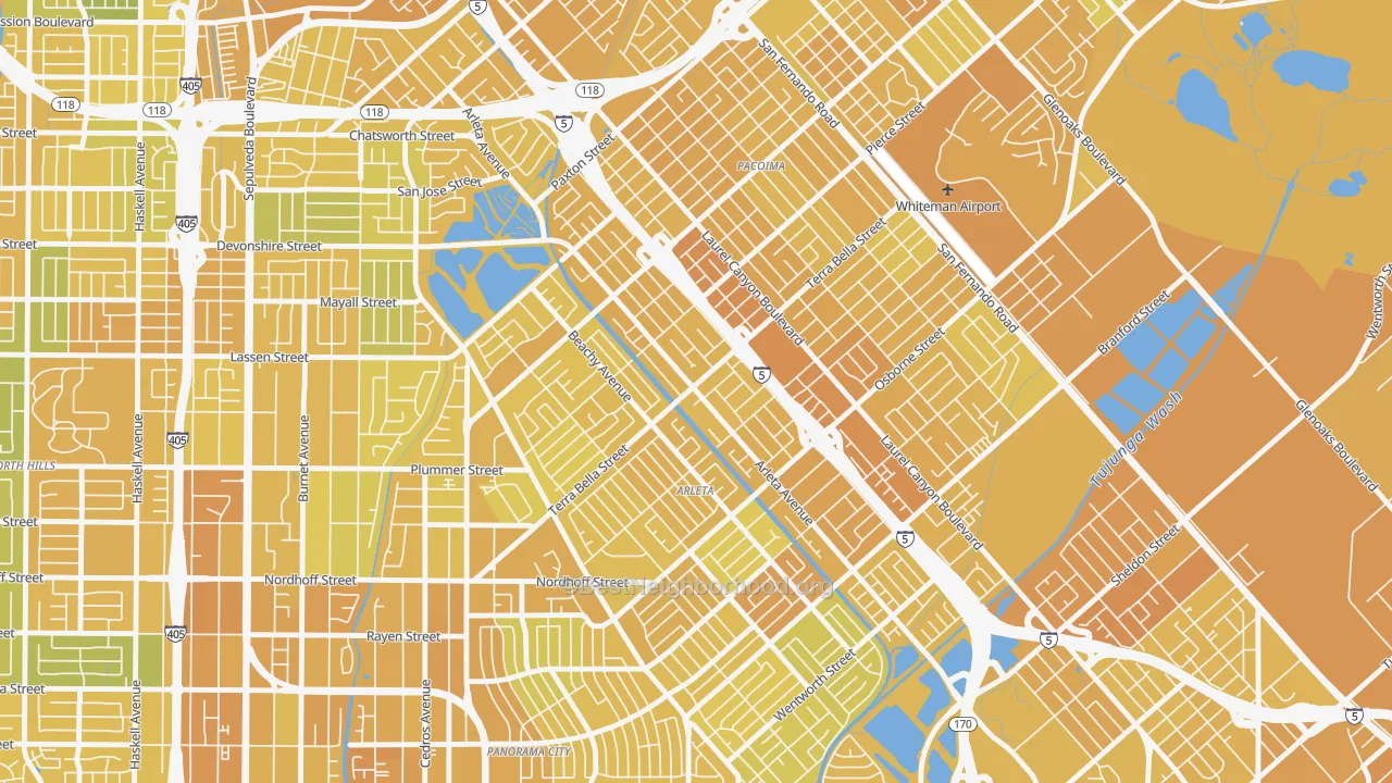 Map of the best neighborhoods in the Arleta, Pacoima area, with better matches in green and worse matches in red