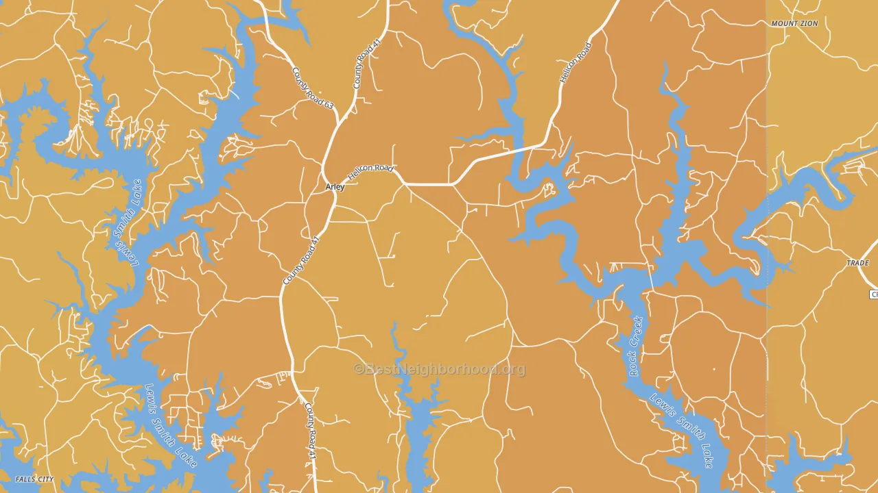 Map of the best neighborhoods in the Arley area, with better matches in green and worse matches in red