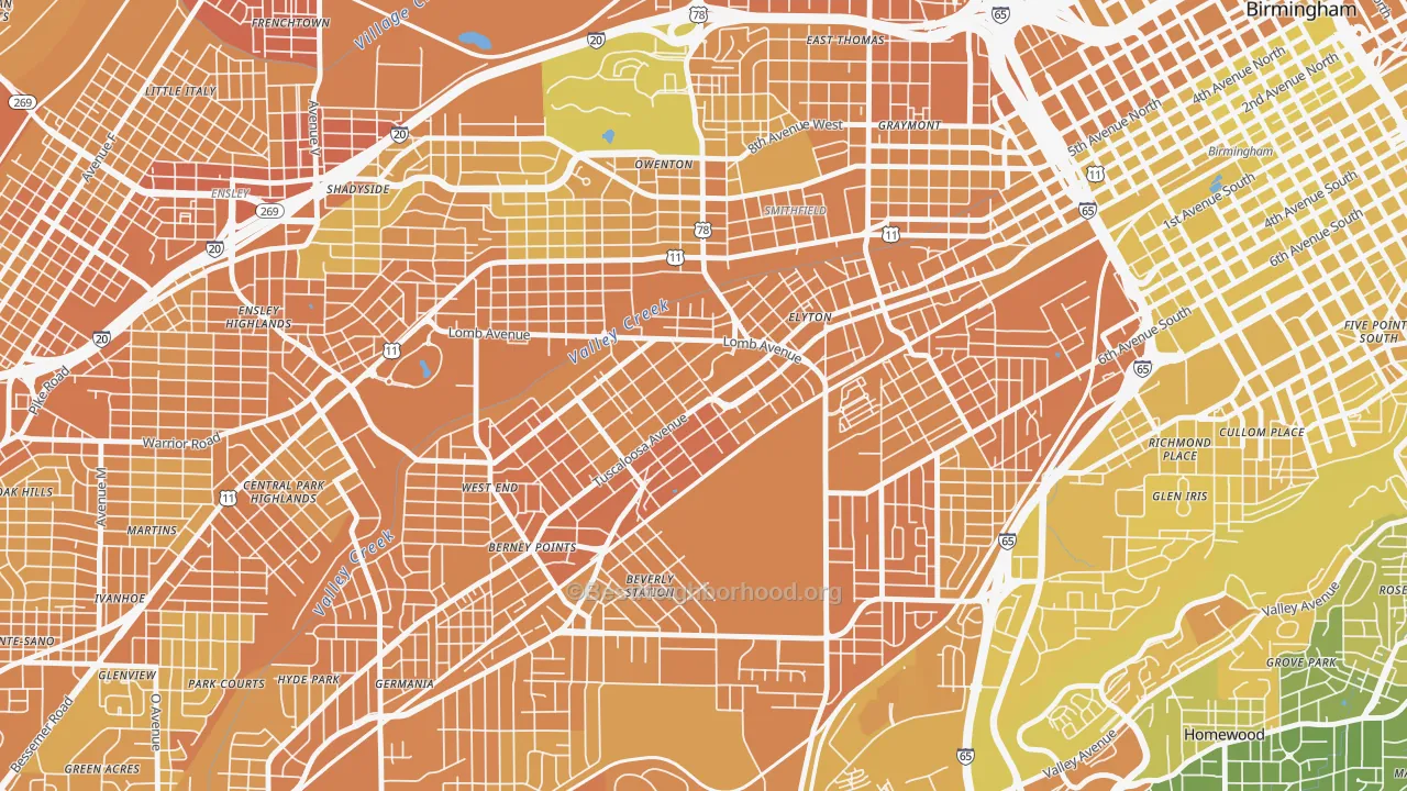 Map of the best neighborhoods in the Arlington, Birmingham area, with better matches in green and worse matches in red