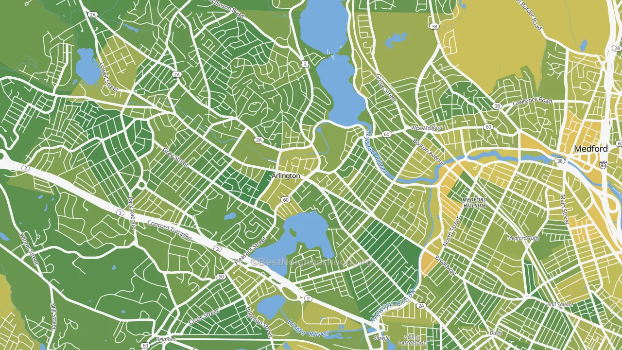 Map of the best neighborhoods in the Arlington Center, Arlington area, with better matches in green and worse matches in red