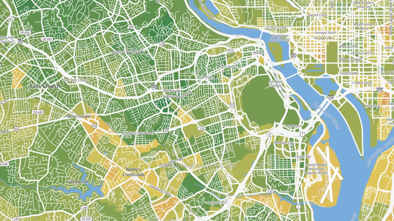 Map of the best neighborhoods in the Arlington County area, with better matches in green and worse matches in red