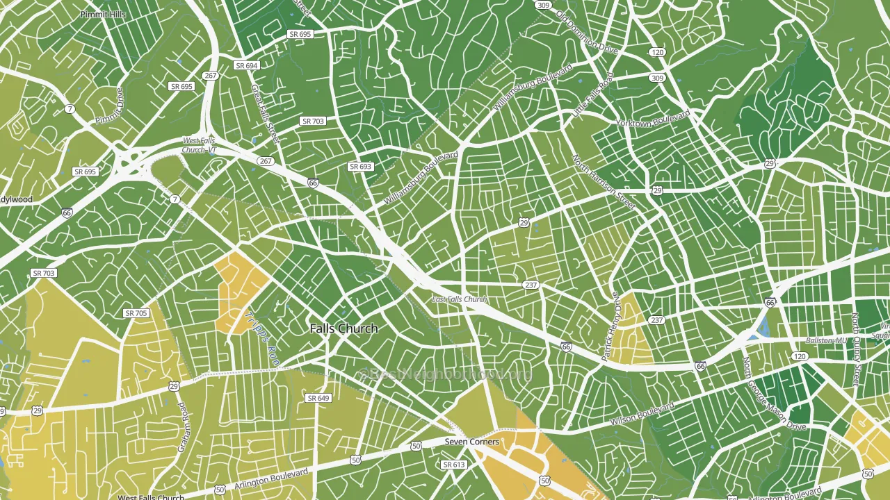 Map of the best neighborhoods in the Arlington-East Falls, Arlington area, with better matches in green and worse matches in red