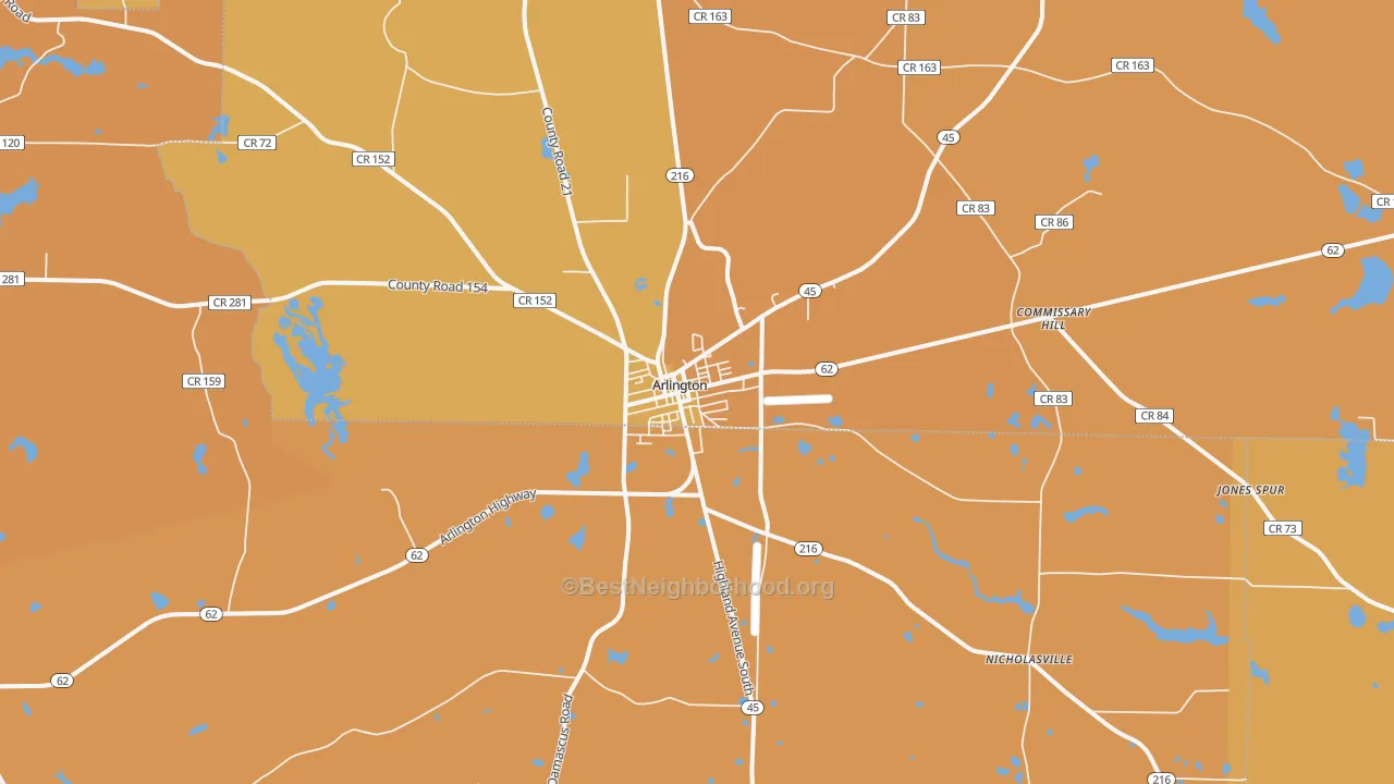 Map of the best neighborhoods in the Arlington area, with better matches in green and worse matches in red