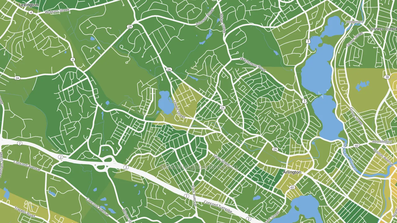 Map of the best neighborhoods in the Arlington Heights, Arlington area, with better matches in green and worse matches in red