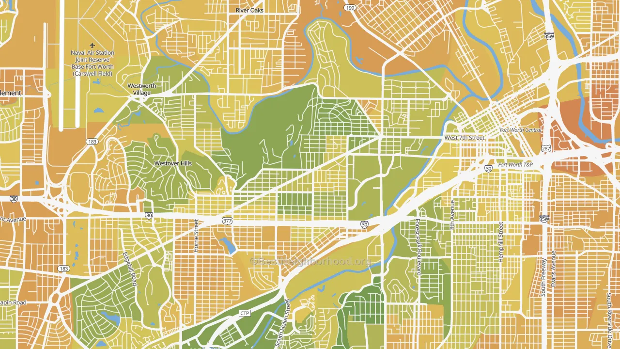 Map of the best neighborhoods in the Arlington Heights, Fort Worth area, with better matches in green and worse matches in red