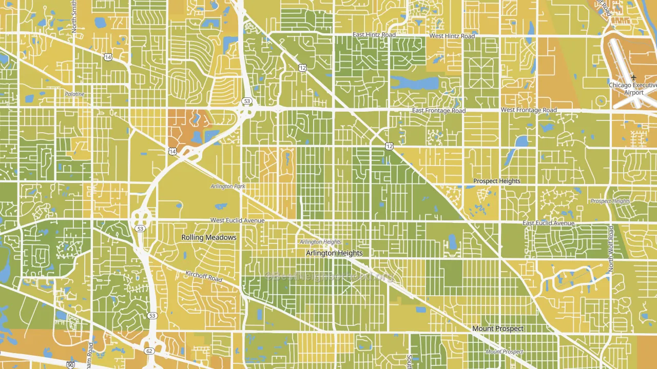 Map of the best neighborhoods in the Arlington Heights area, with better matches in green and worse matches in red