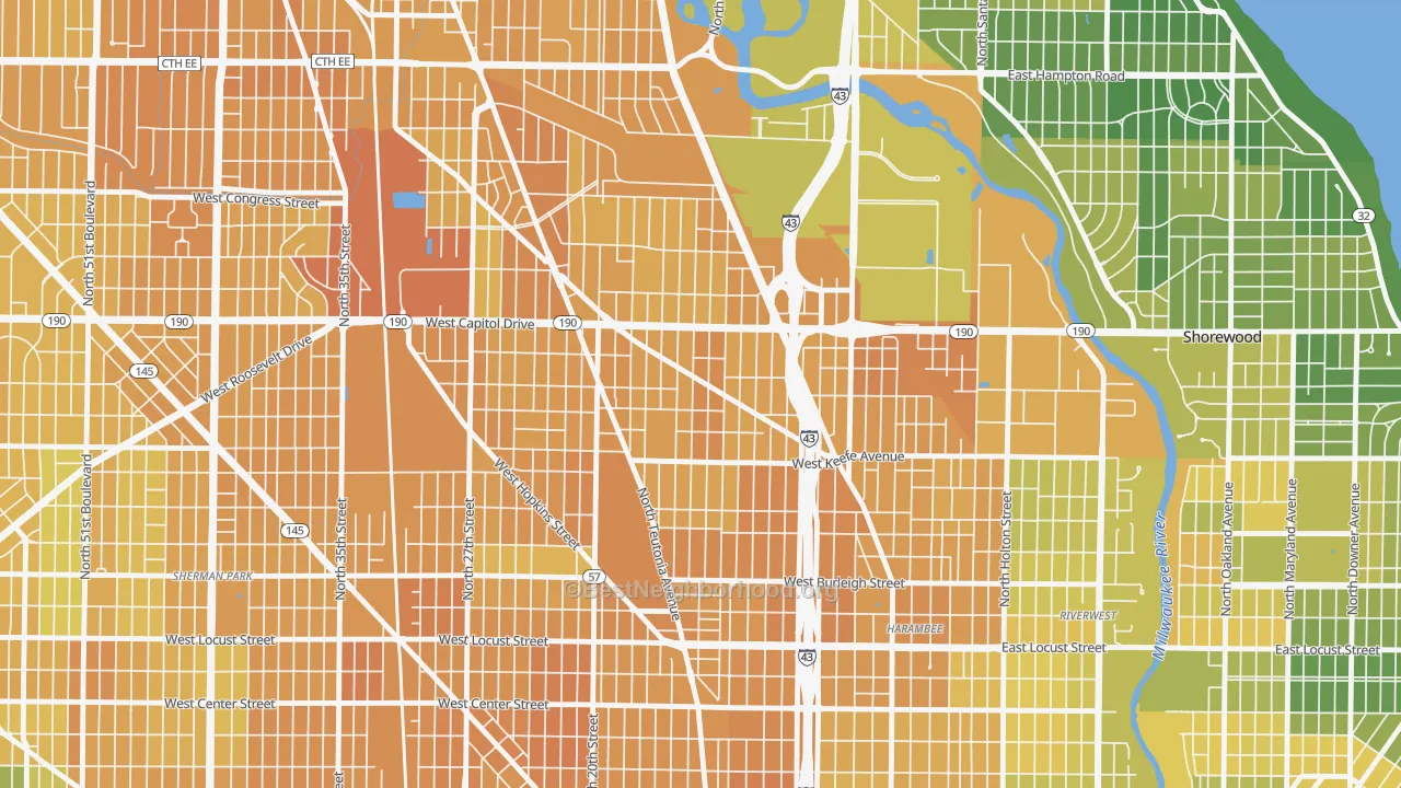 Map of the best neighborhoods in the Arlington Heights, Milwaukee area, with better matches in green and worse matches in red