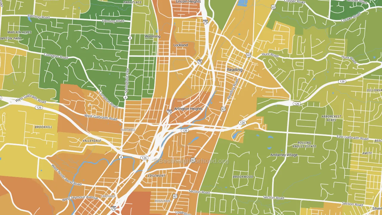 Map of the best neighborhoods in the Arlington Heights area, with better matches in green and worse matches in red