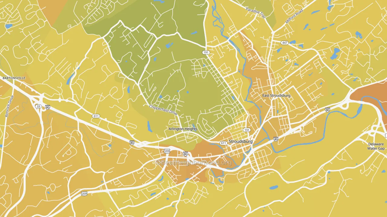 Map of the best neighborhoods in the Arlington Heights area, with better matches in green and worse matches in red