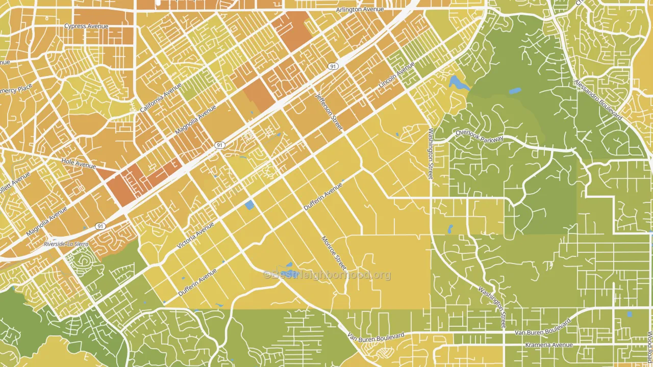 Map of the best neighborhoods in the Arlington Heights, Riverside area, with better matches in green and worse matches in red