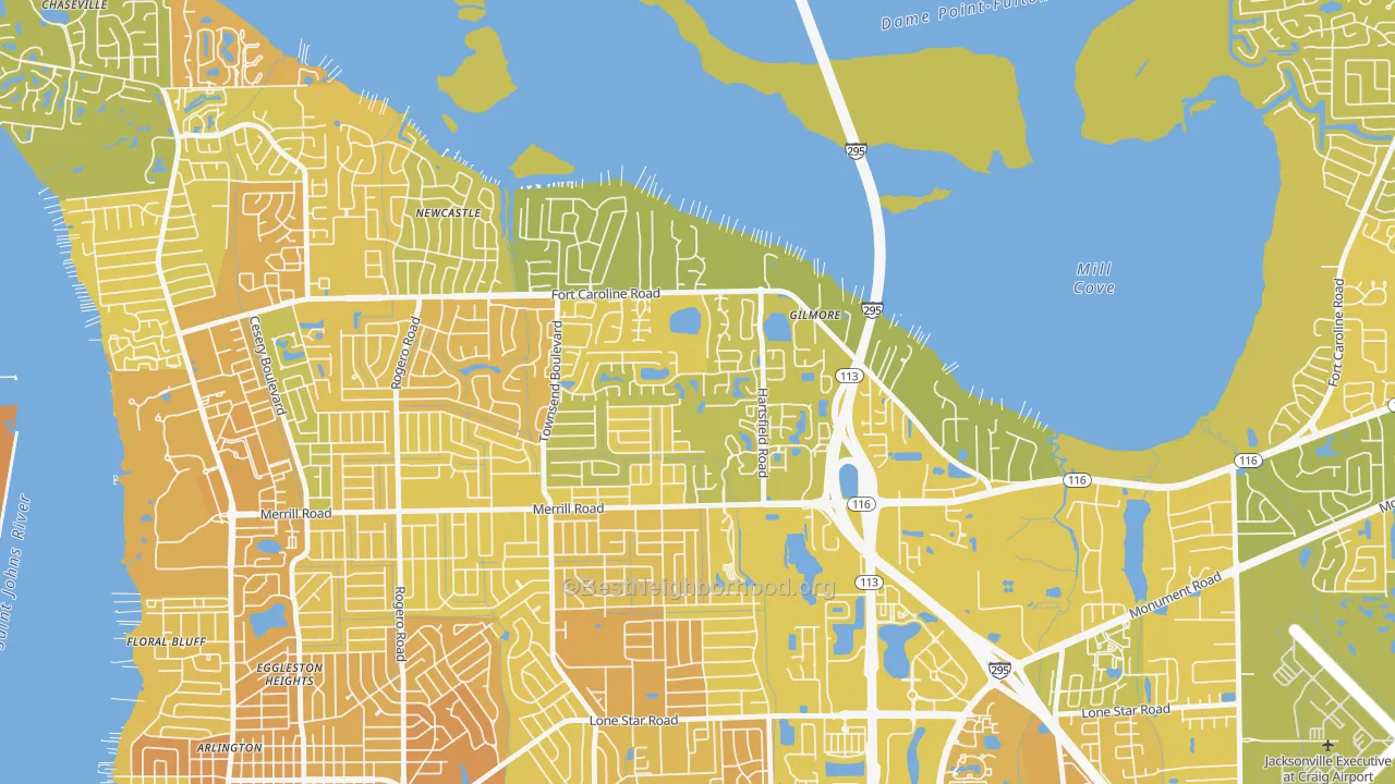 Map of the best neighborhoods in the Arlington Hills, Jacksonville area, with better matches in green and worse matches in red