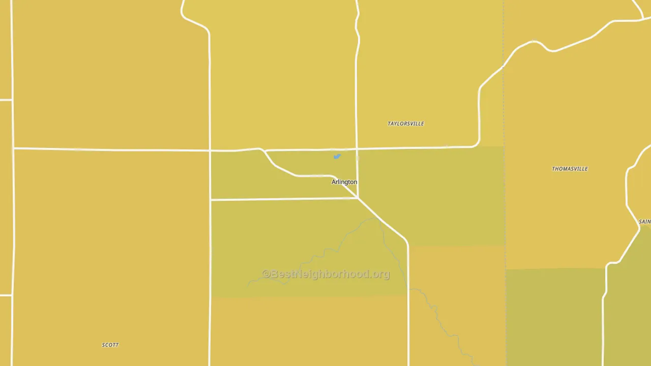 Map of the best neighborhoods in the Arlington area, with better matches in green and worse matches in red